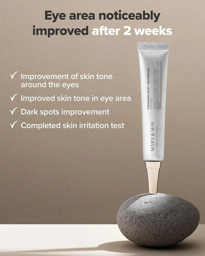 MARY & MAY Eye Cream contains Tranexamic Acid and Glutathione, two powerful